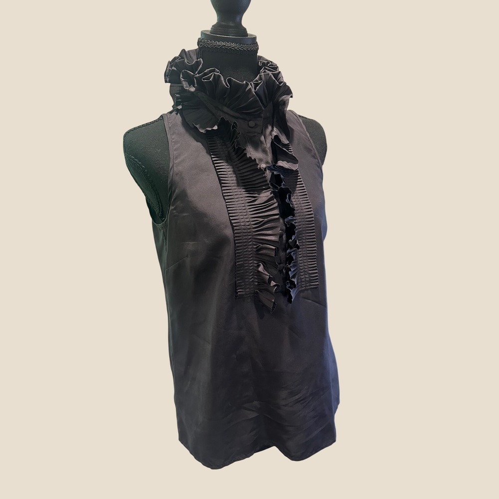J.Crew Black 100% Silk Ruffle High Neck Pleated Bib Sleeveless Blouse Size 2